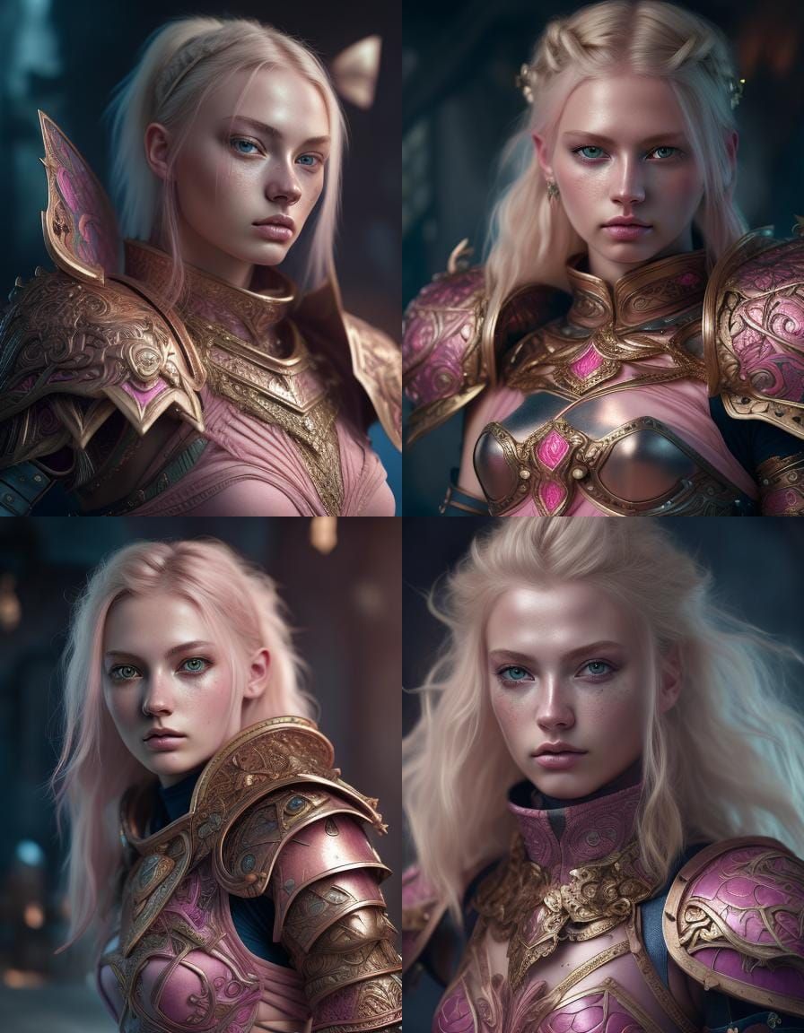 Hyperrealistic Pink Gold Warrior in Dark Fantasy Style