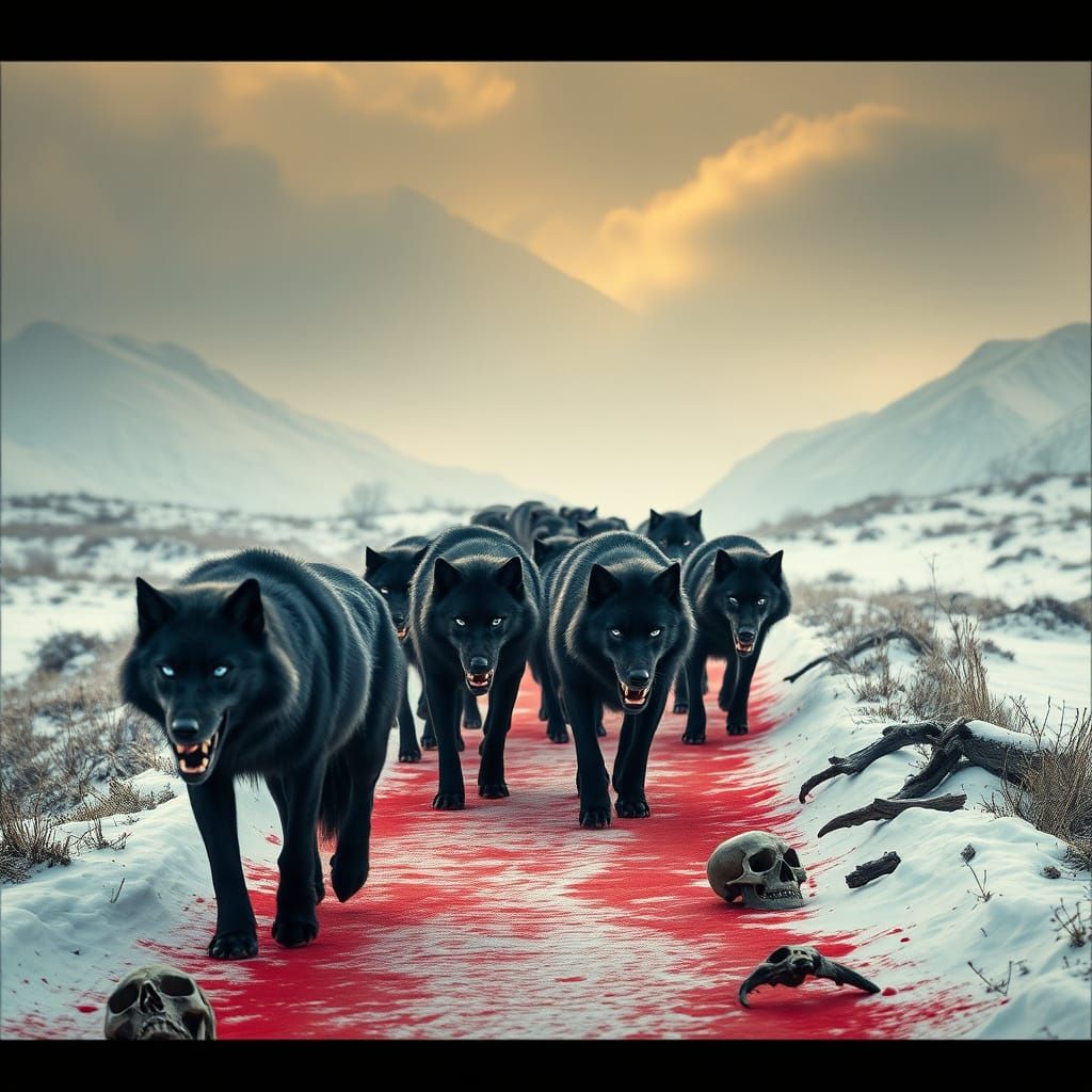 Epic Wolves Stalk Crimson Path Amidst Snowy Mountains