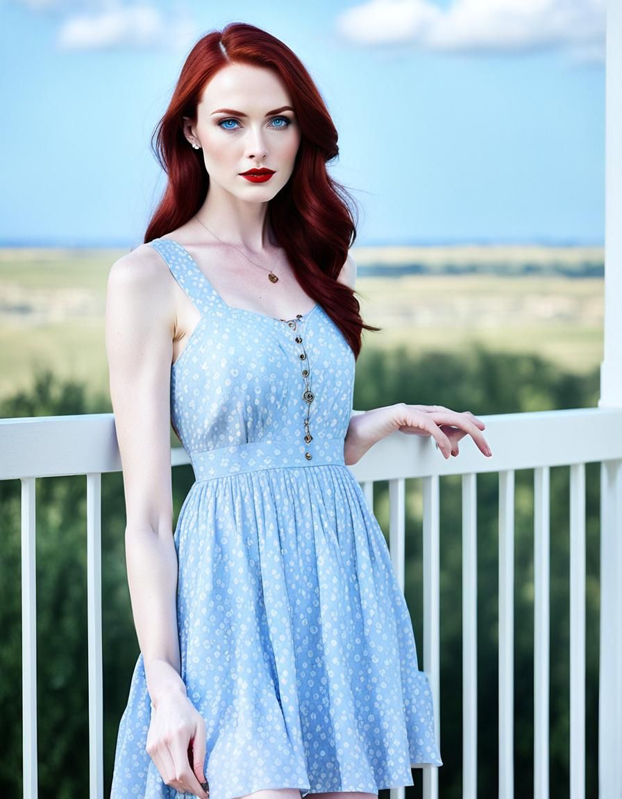 Young Woman with Red Hair in Blue Sundress
