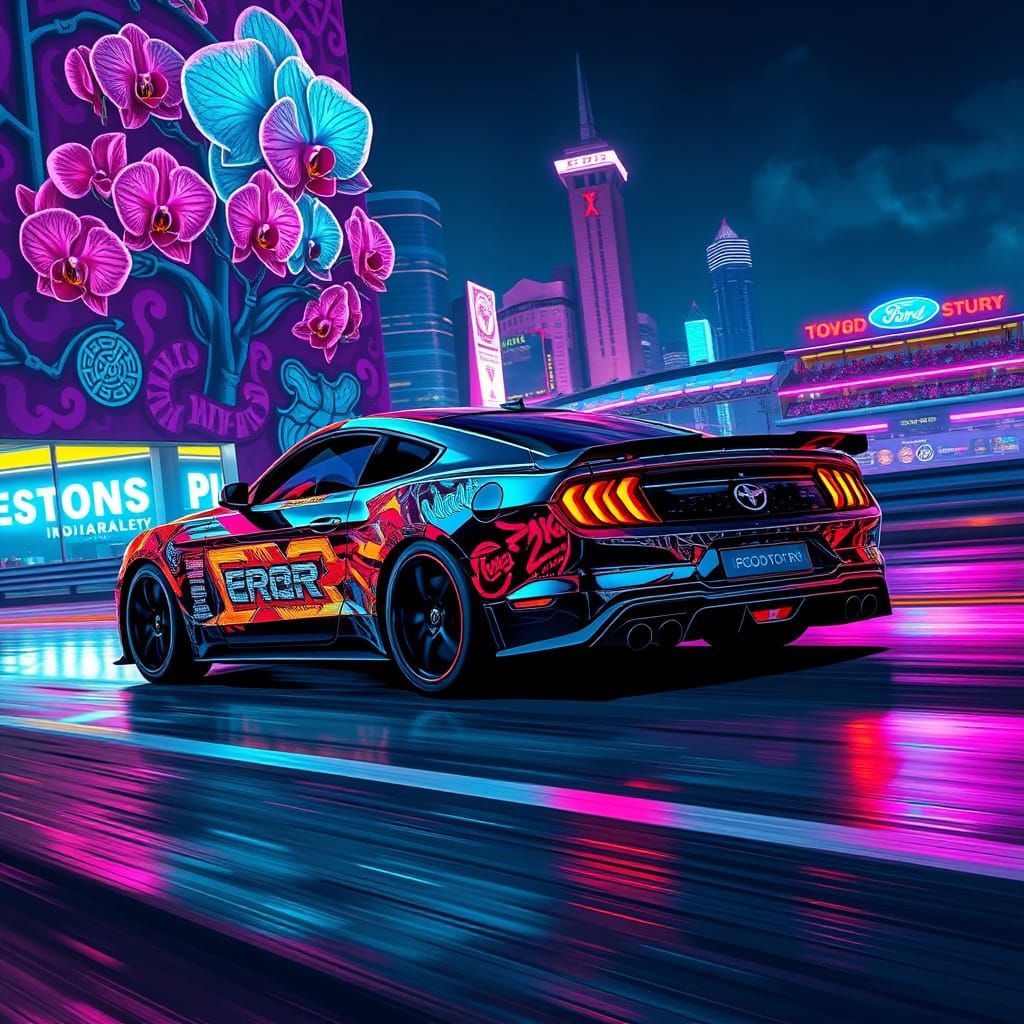 A speeding, chrome-plated 2025 Ford Mustang Night Pony, gazing out over the neon-lit Indianapolis Motor Speedway below. ...