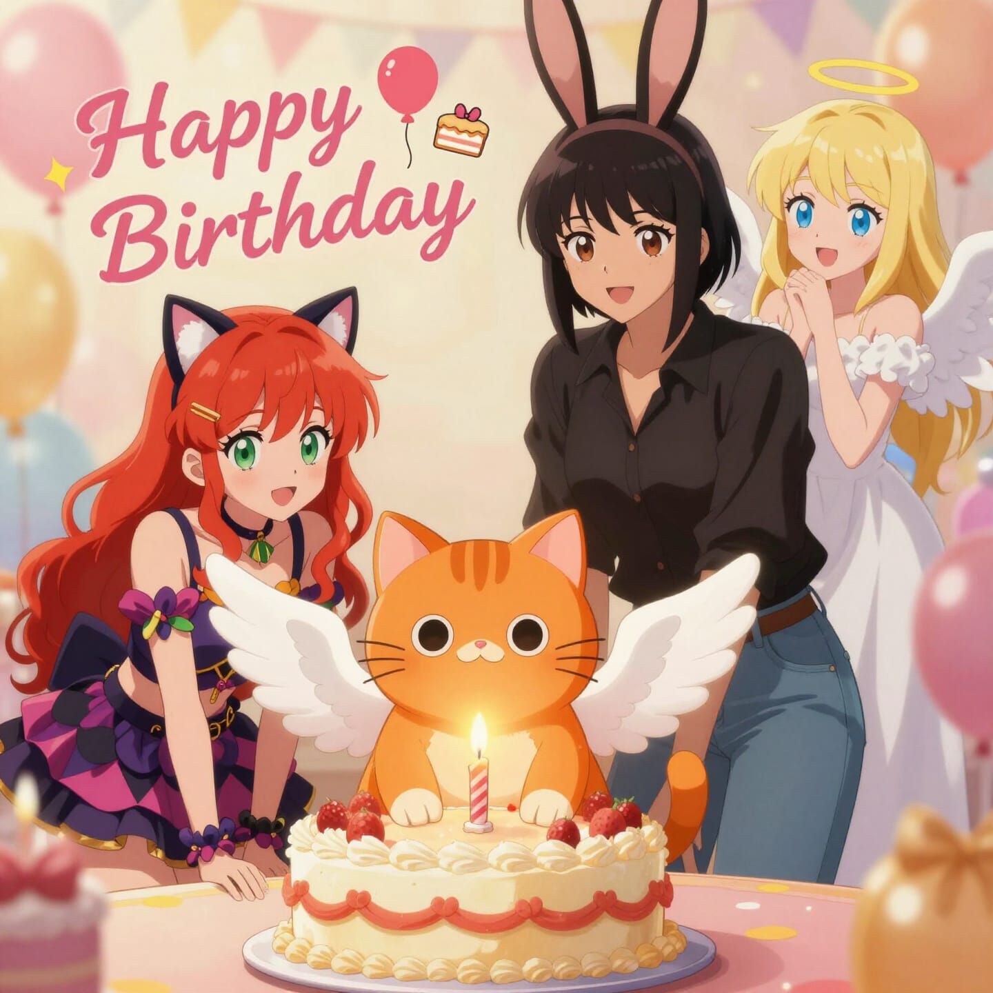 Anime Cat with Angel Wings at Birthday Party