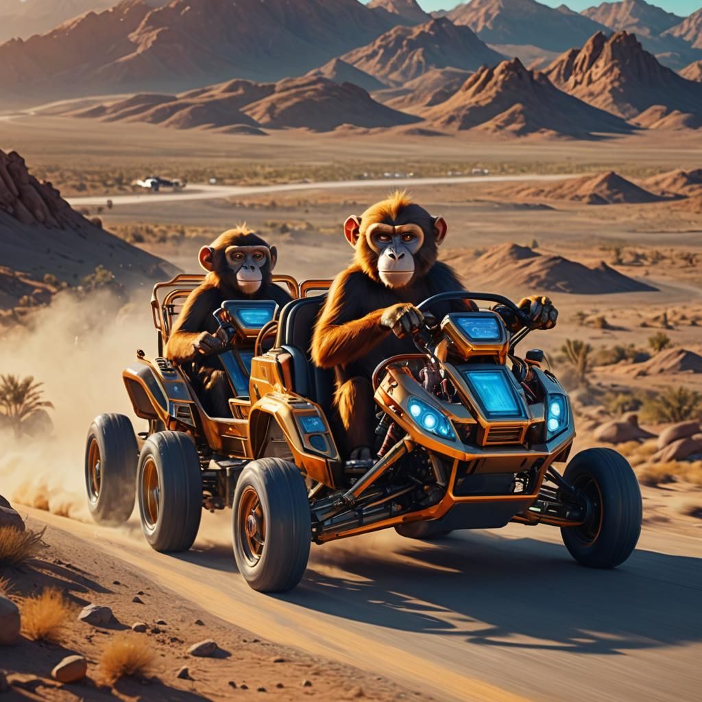 Robotic Monkeys Race Gocart in Nevada Desert