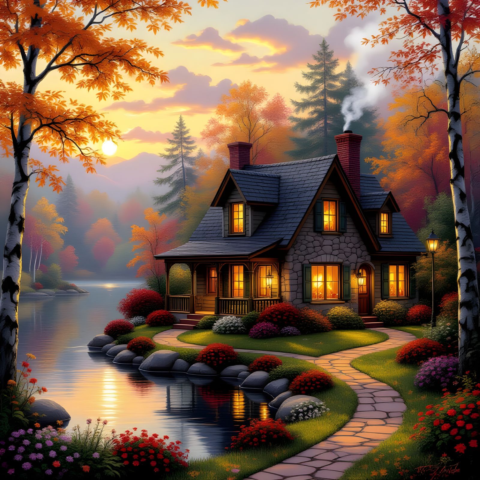 Autumn Cottage by the Lake in Kinkade Style