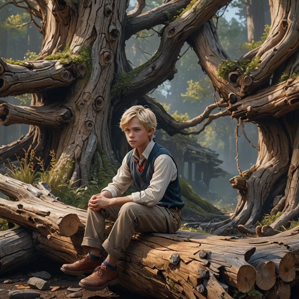 Boy on Weathered Log: Fantasy Concept Art