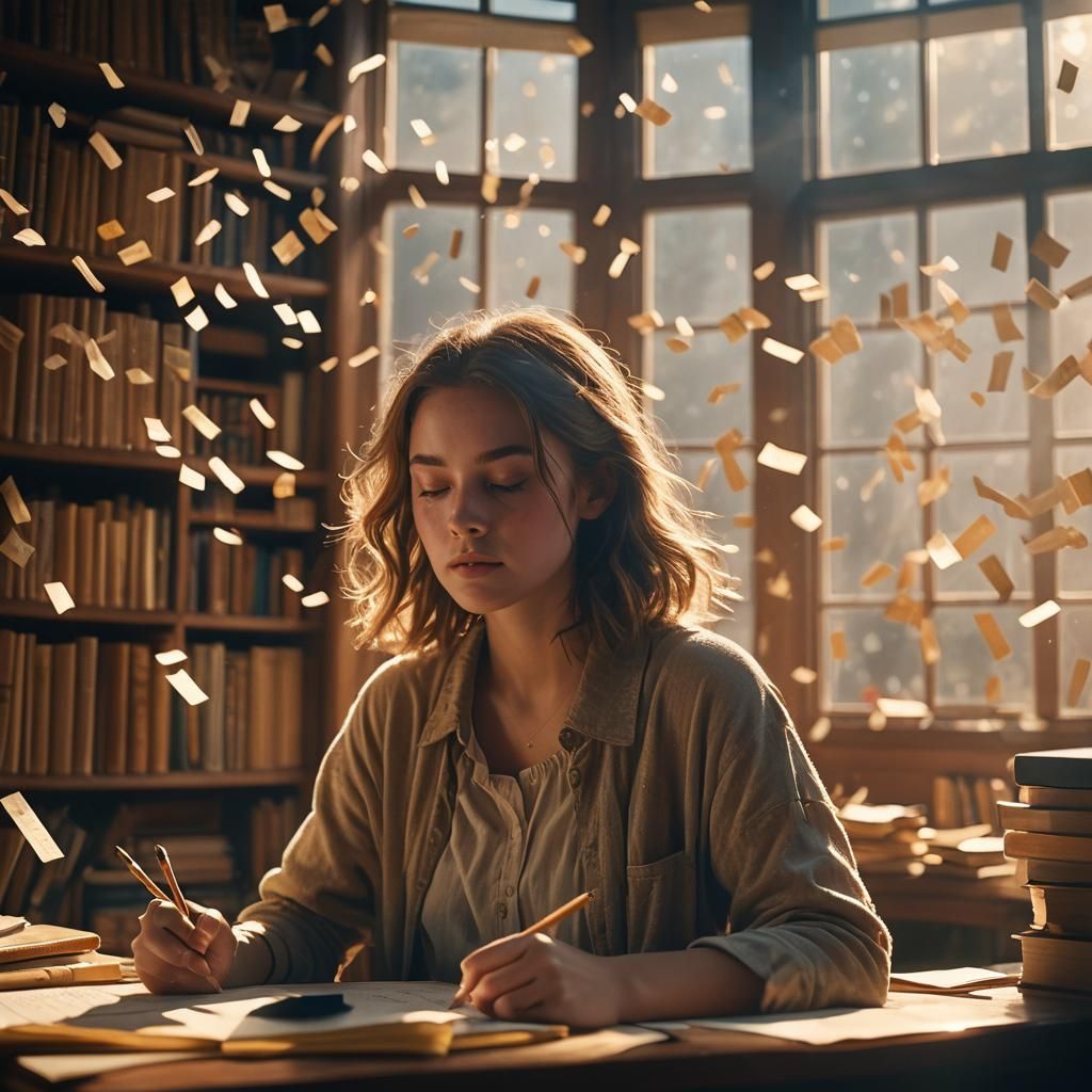 Dreamy Library Scene with Woman in Golden Light