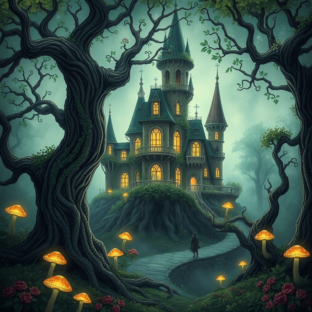 Whimsical Castle in a Dreamlike Forest