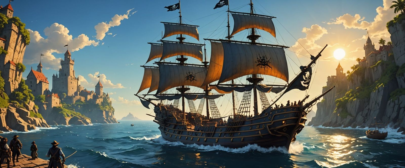 Pirate Ship Approaches Fortress in Dark Fantasy Style