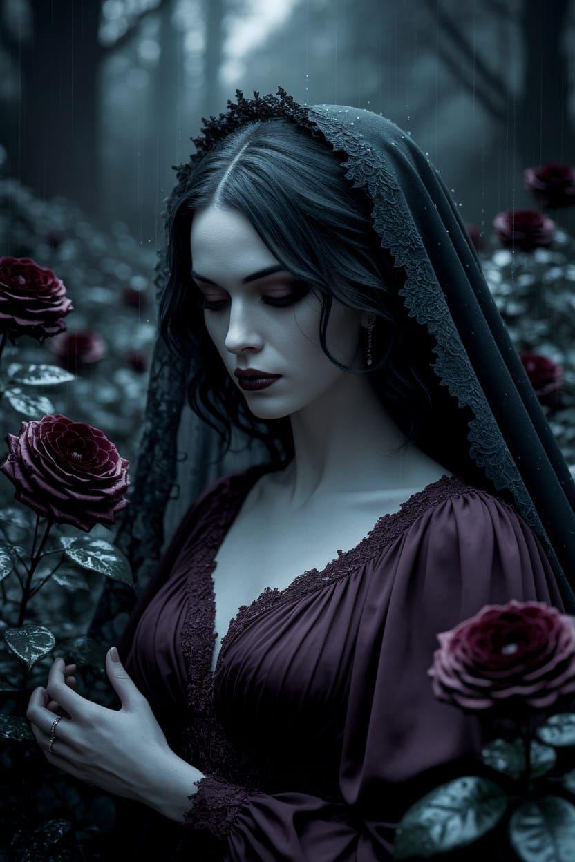 Ethereal Raven-Haired Woman in Dark Rose Garden