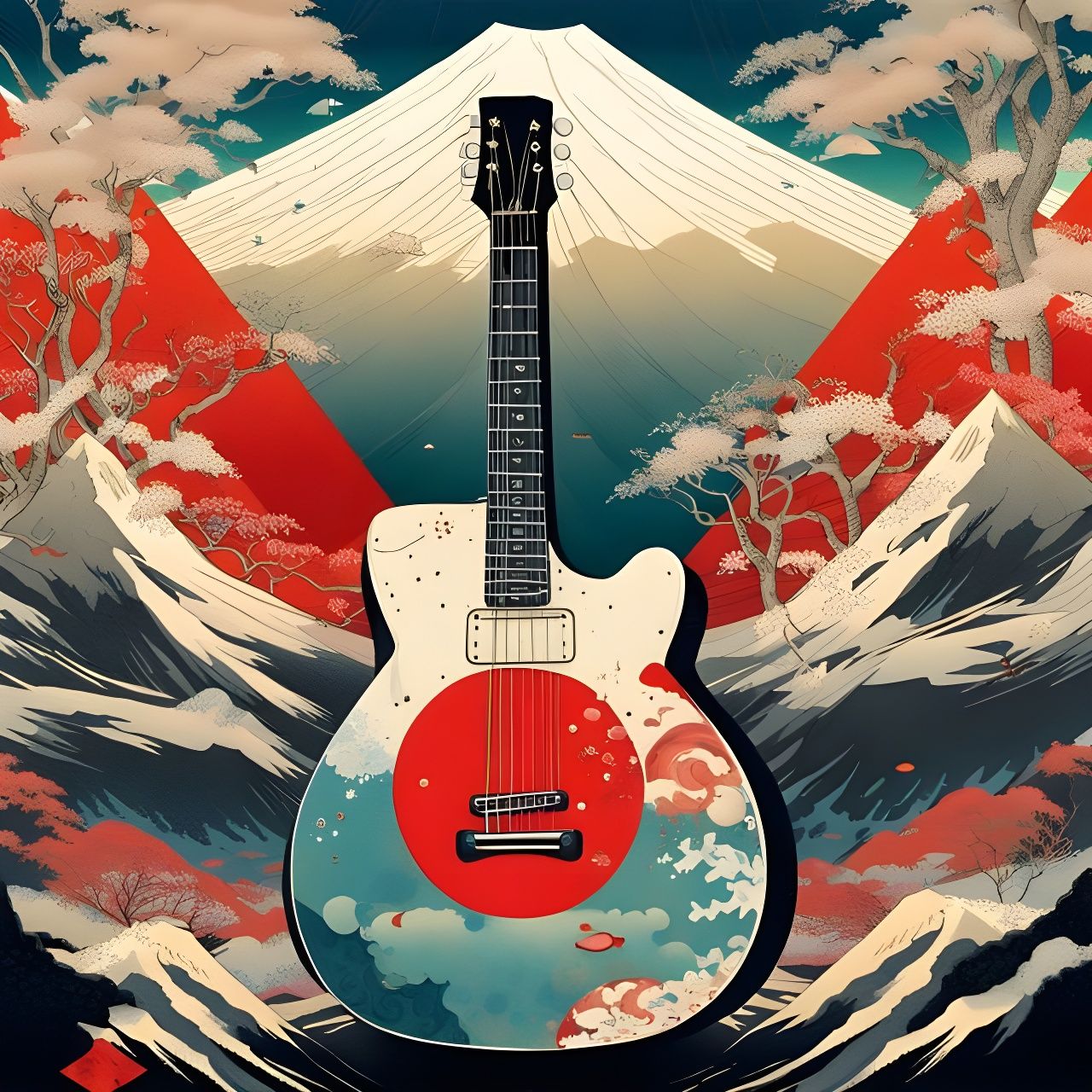 Japanese Flag Guitar with Mt. Fuji: Ink Illustration