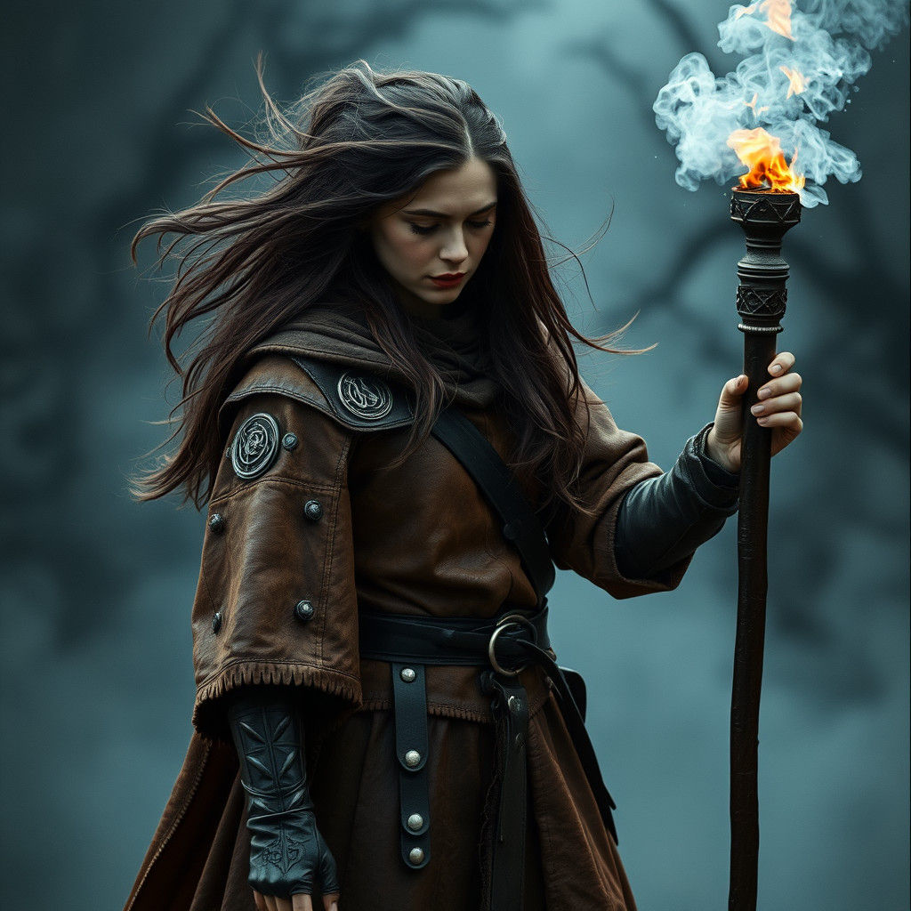 Medieval Sorceress Conjuring Spell in Fantasy Landscape