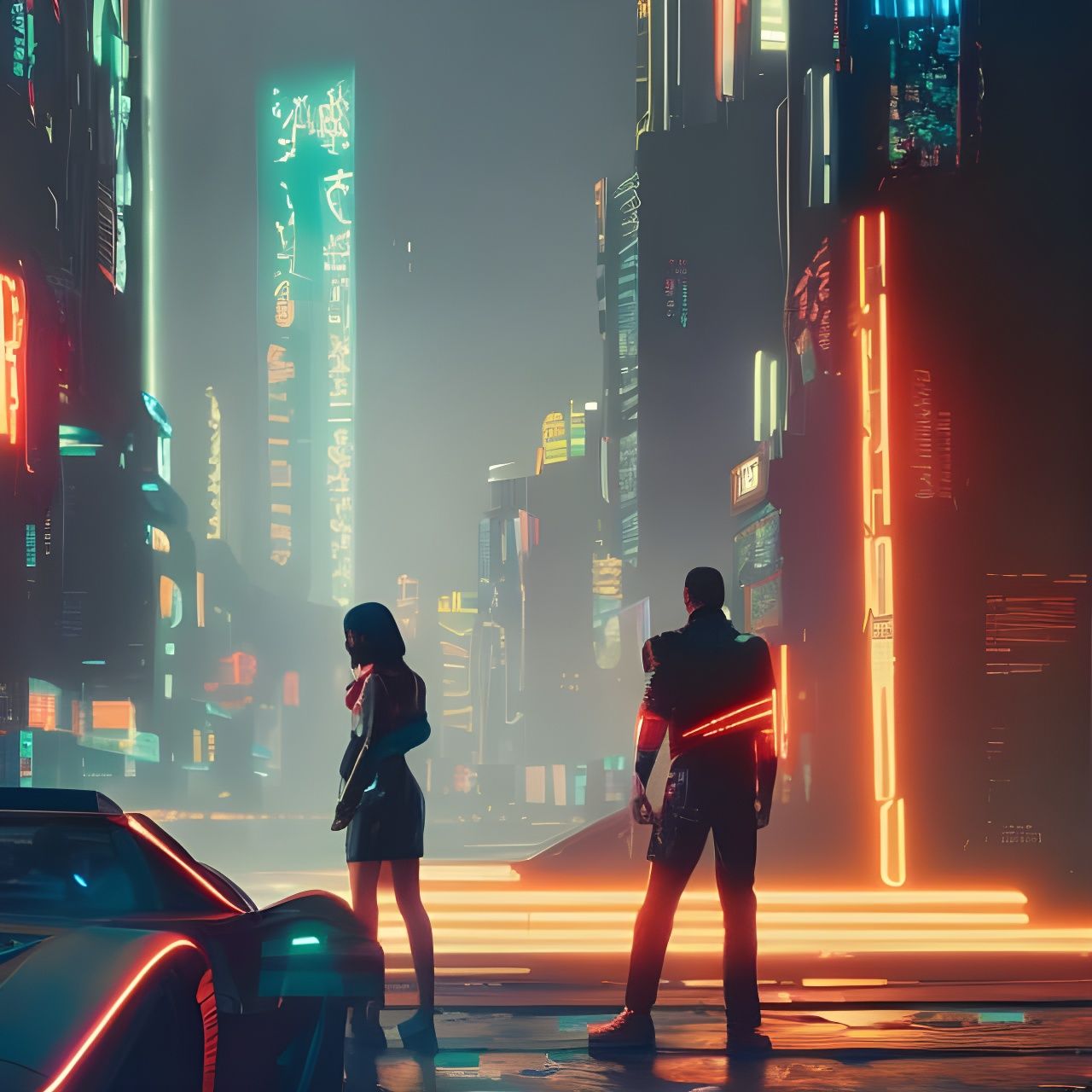 Cyberpunk Street Scene with Neon Lights in 8k
