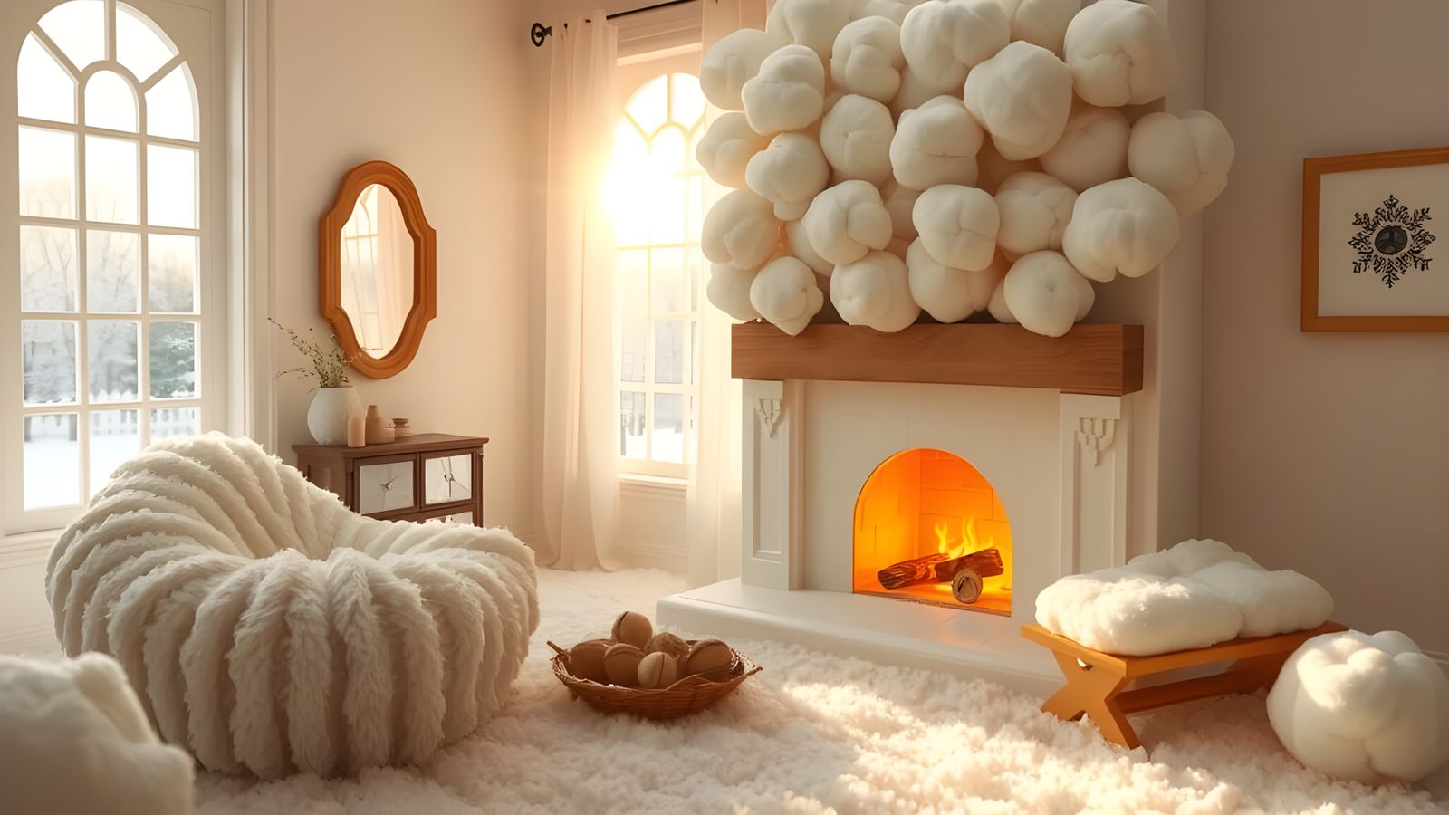 Cozy Cotton Wool Room with Fireplace and Sunshine