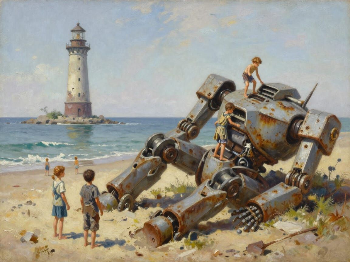 Post-Apocalyptic Beach Scene with Children Playing on a Mech
