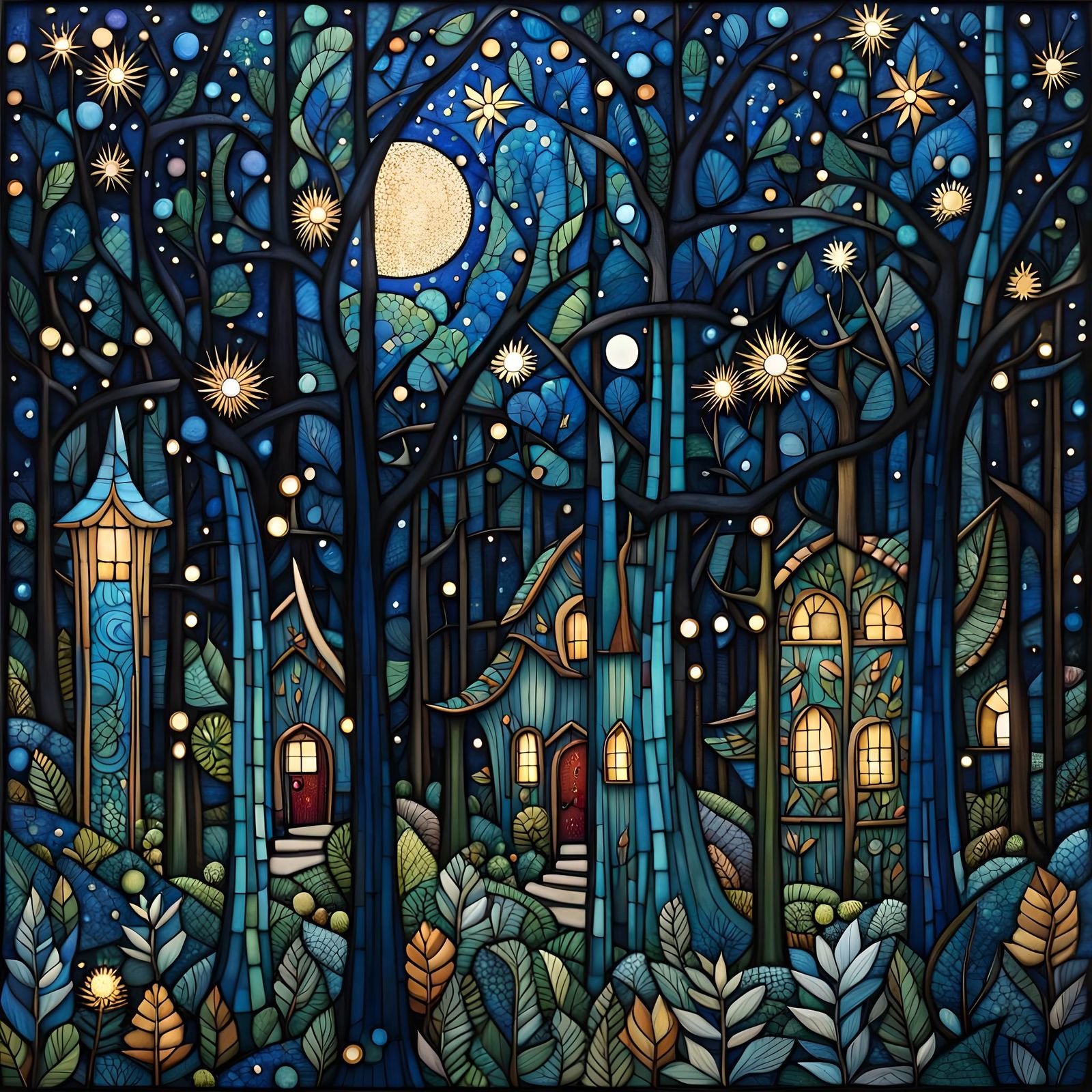 Enchanting Midnight Forest in Art Brut Style
