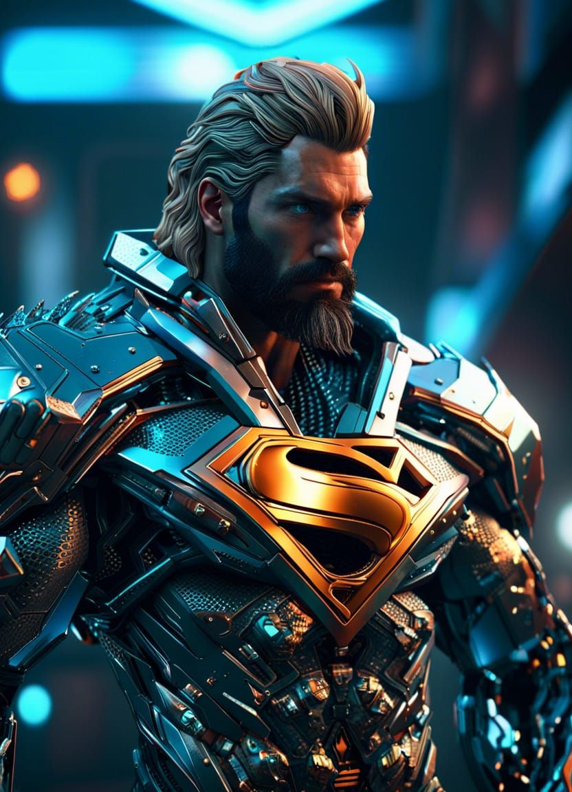 Superman as Aquaman in cyberpunk outfit