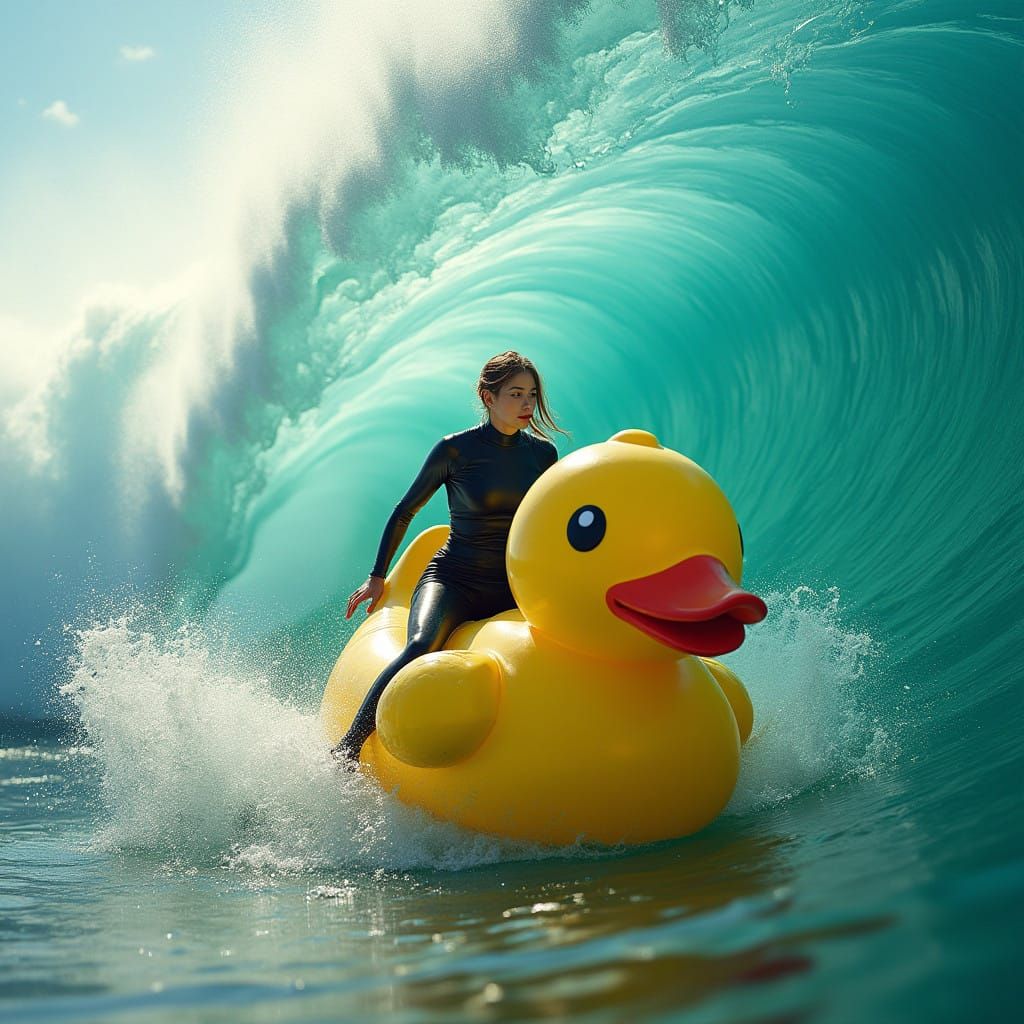 Girl Riding Giant Rubber Duck on Turquoise Wave