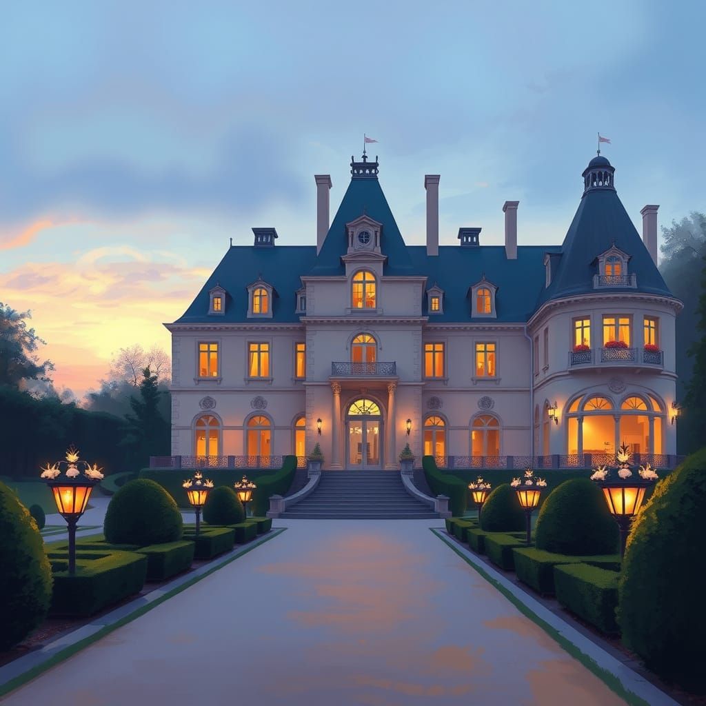 Elegant French Chateau Twilight Background for Presentations