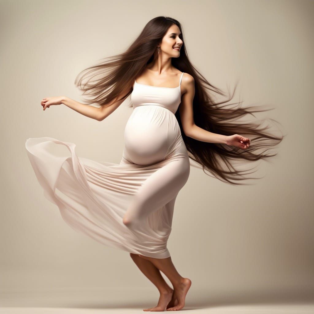 Joyful Pregnant Woman Dancing on Mountain Peak