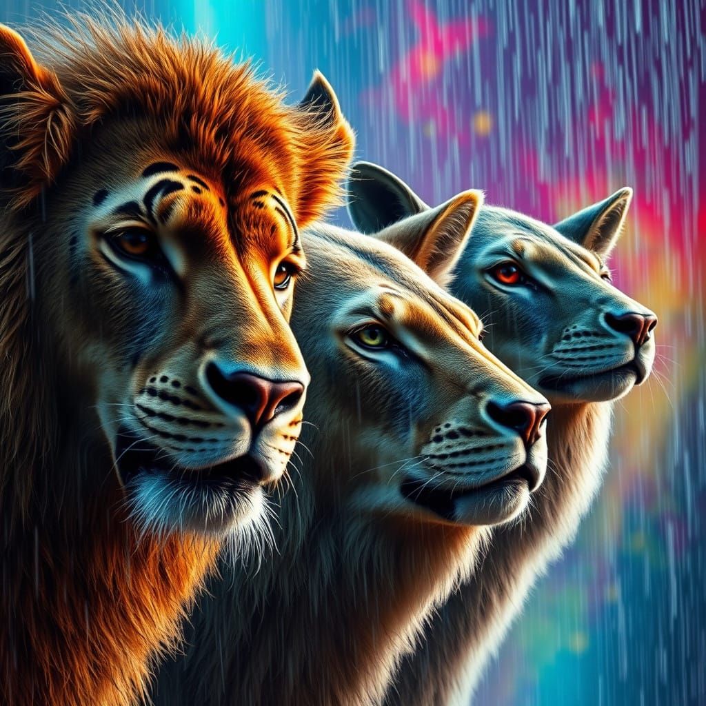 Hyperrealistic Animals in Turbulent Rainy Scene