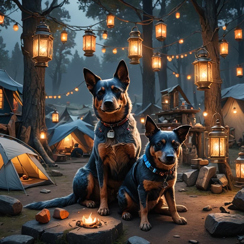 Blue Heeler Mix Camping: Detailed Matte Painting