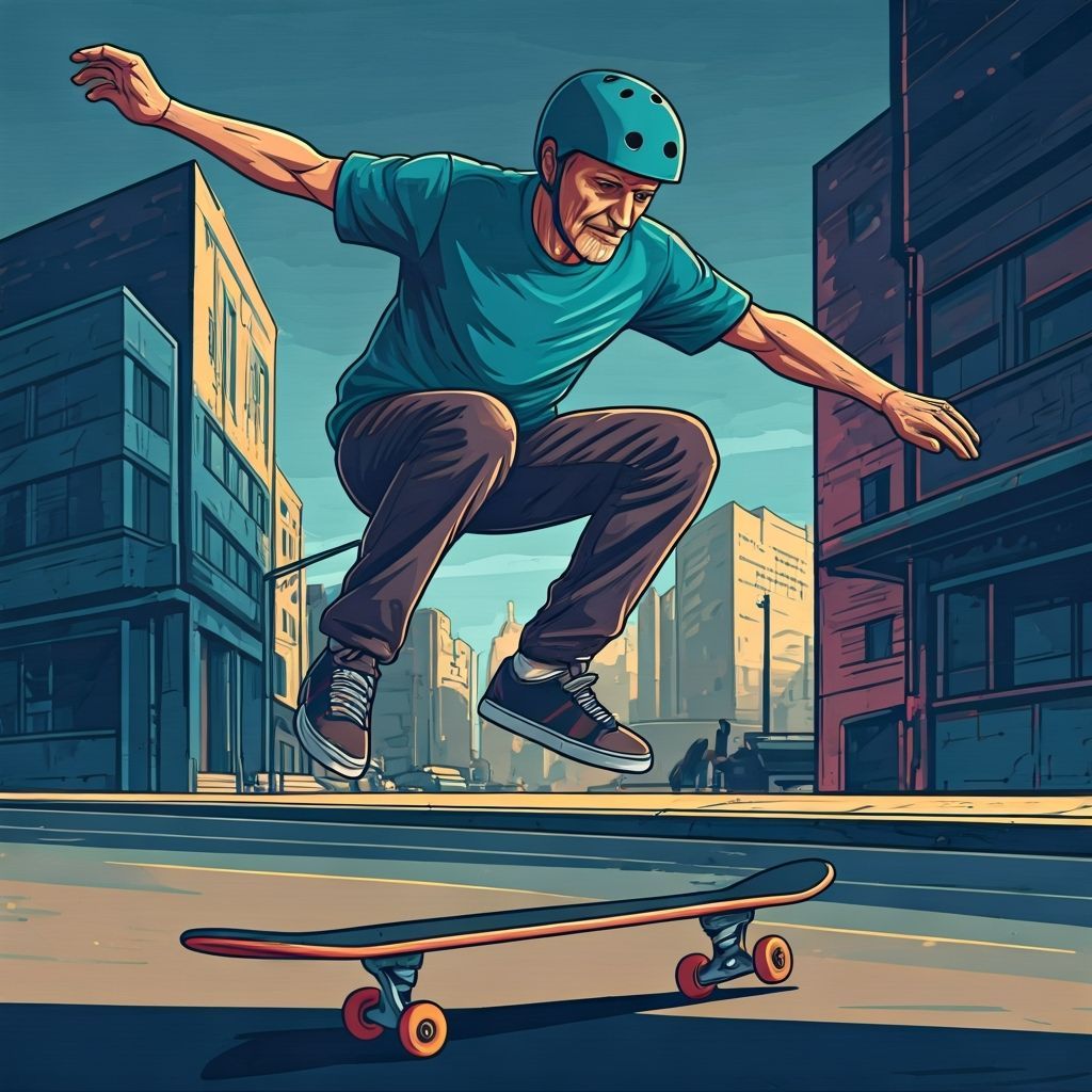 Elderly Skateboarder Jumps in Vibrant Urban Setting