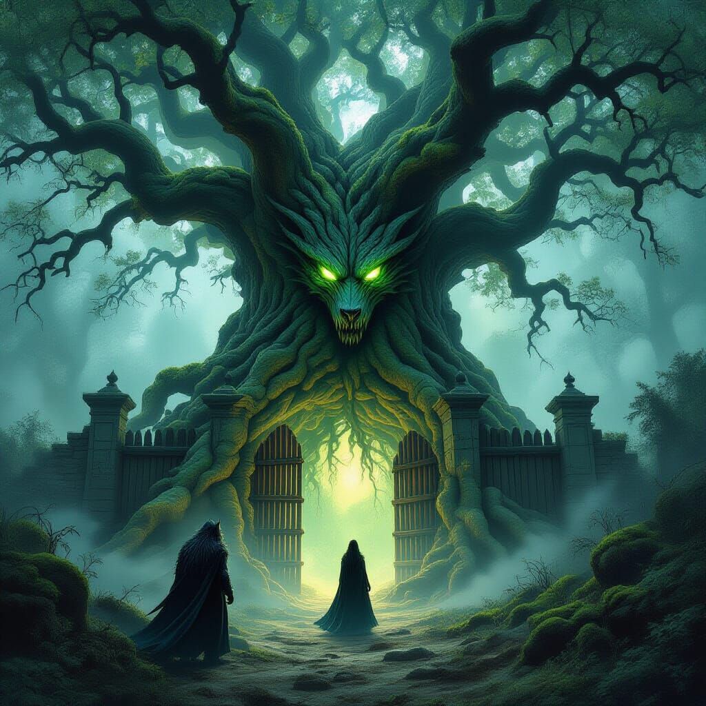 Mystical Dark Fantasy Forest Scene with Ancient Oak
