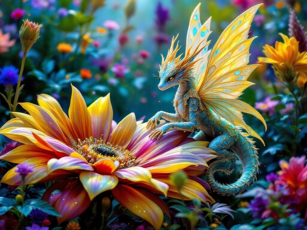 Dragon Fairy in Vibrant Garden, Hyperrealistic Style
