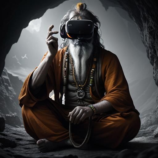 Hyperrealistic Sadhu Yogi in Cave with VR Set