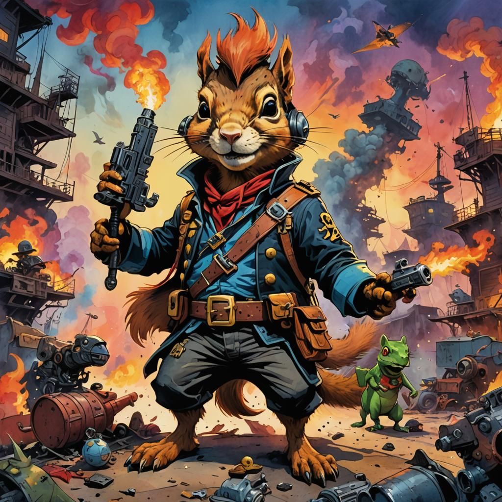 Pirate Squirrel and T-Rex in Jamie Hewlett Style