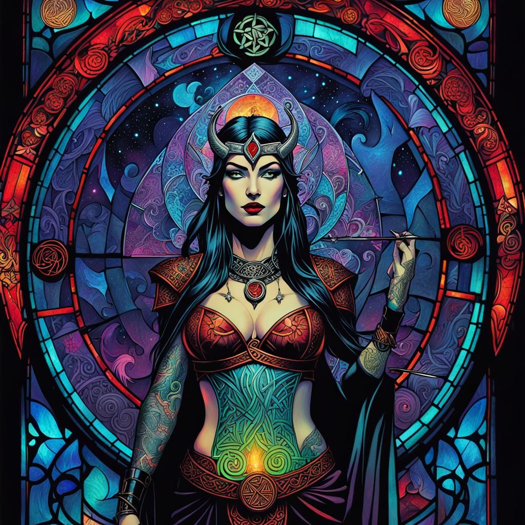 Celtic goddess Morrigan as a stained glass