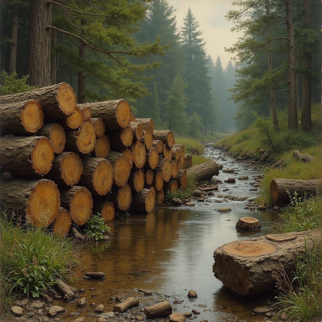 Worn Timber Stacks Beside a Lush Forest Stream