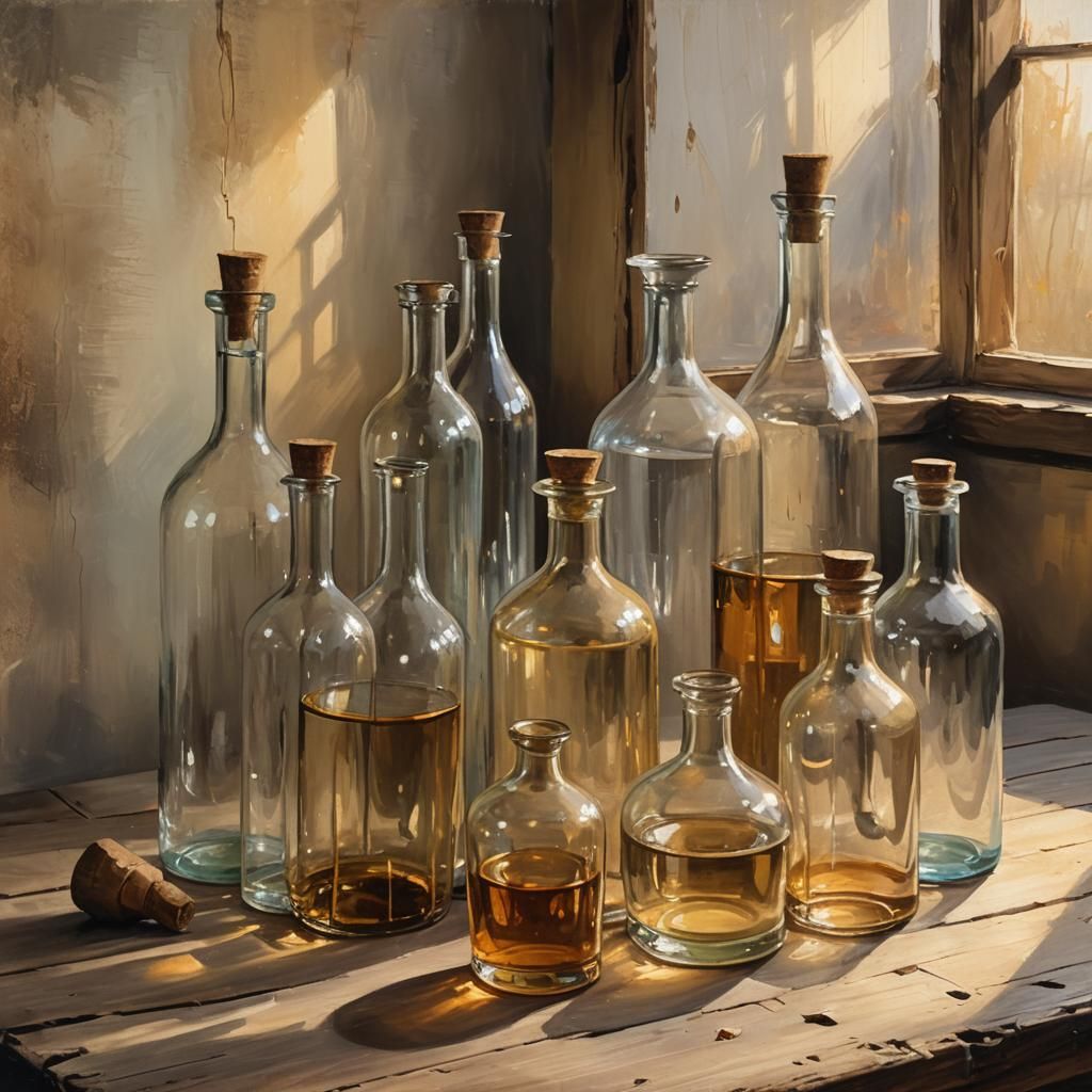 Elegant Glass Bottles Still Life in Oil Painting