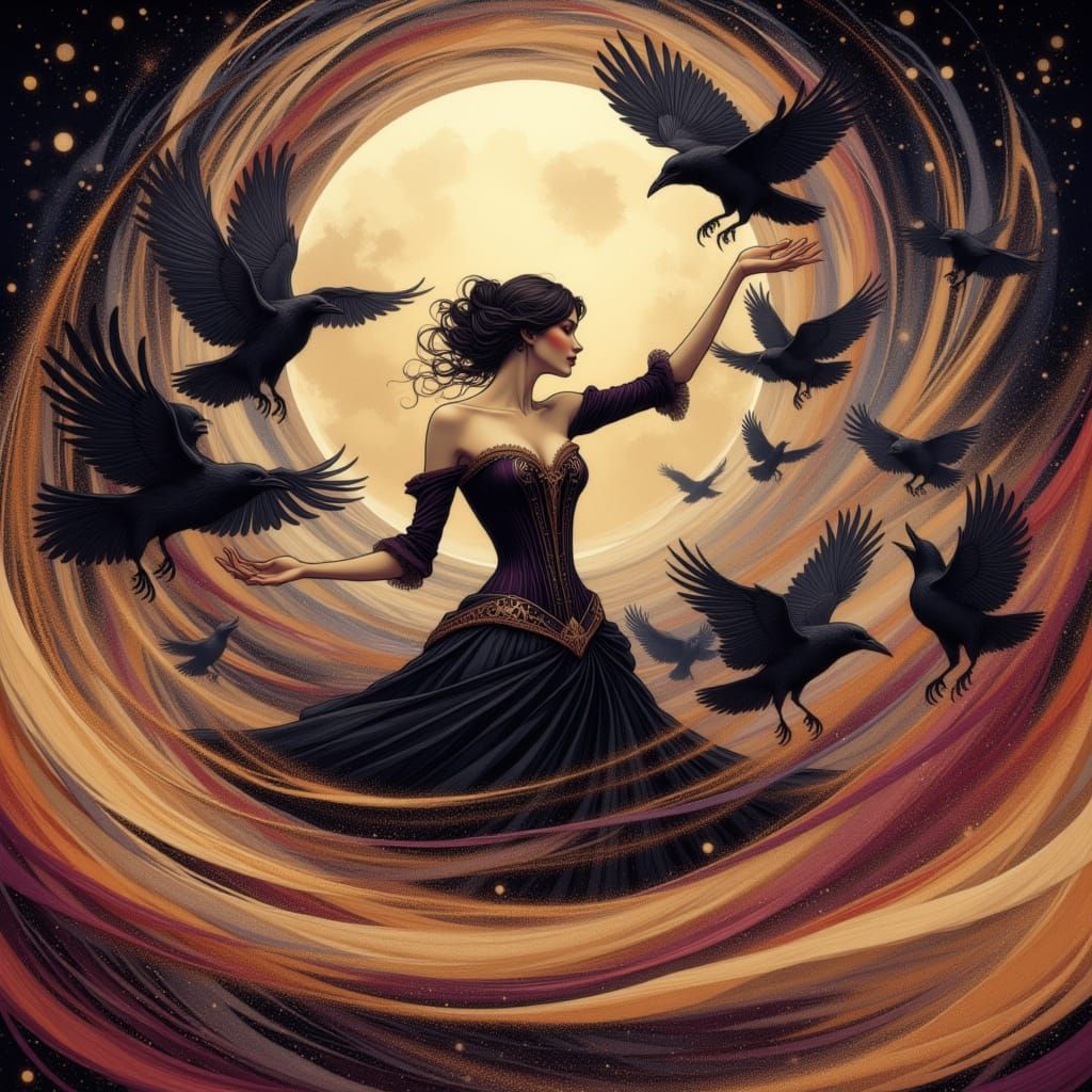 Woman Dancing with Crows Under Moonlit Sky in Pop Art Style