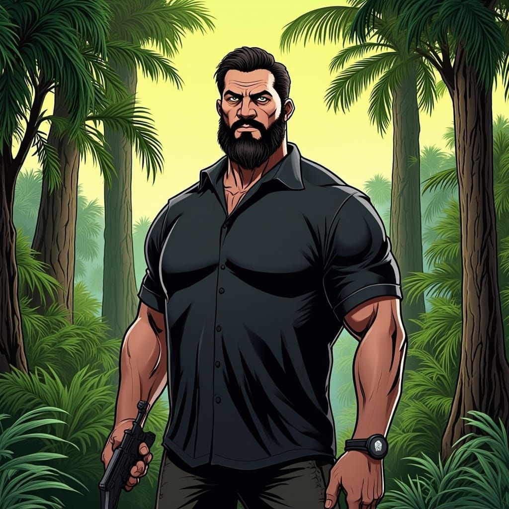 Man with Gun in Tropical Forest Illustration