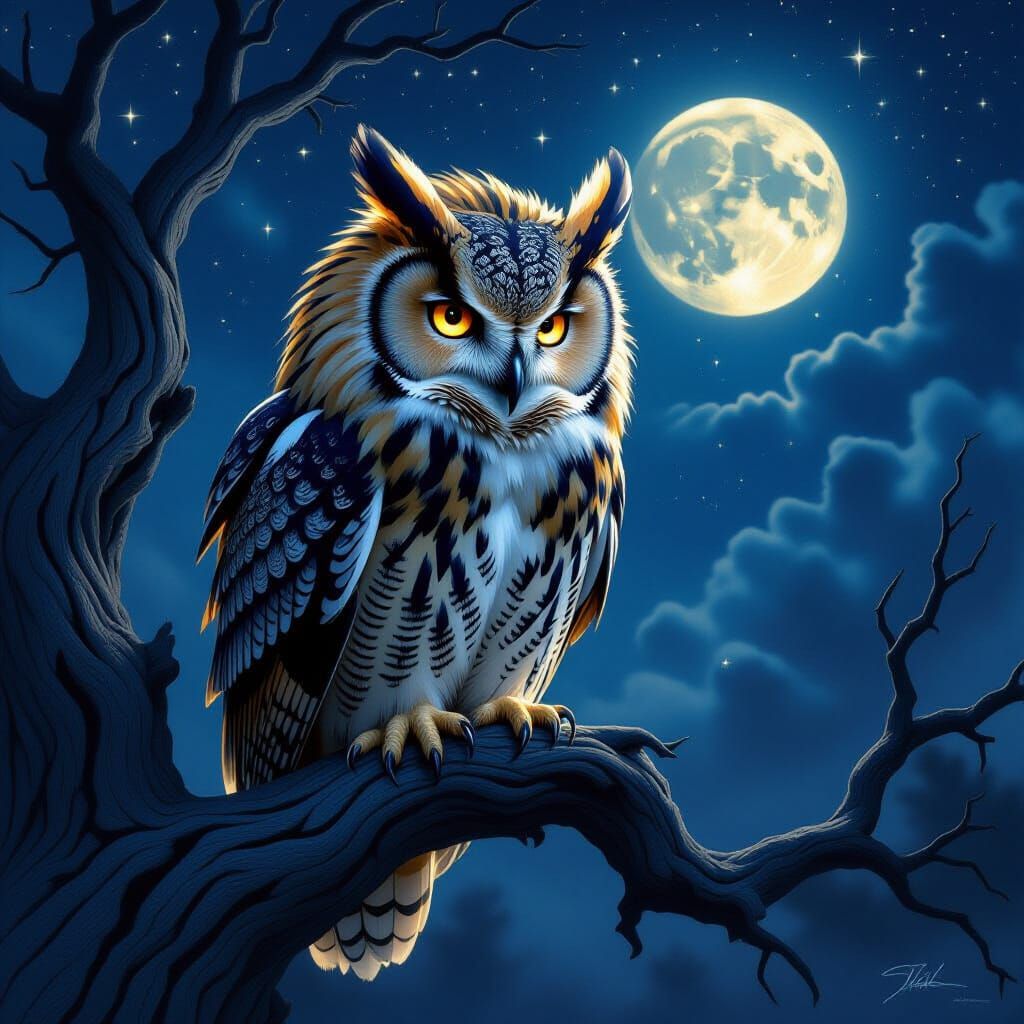 Majestic Owl With Lion Mane Under Starry Night