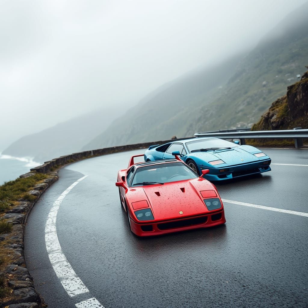 Ferrari F40 Speeds Through Coastal Highway in Rain, Beside a...