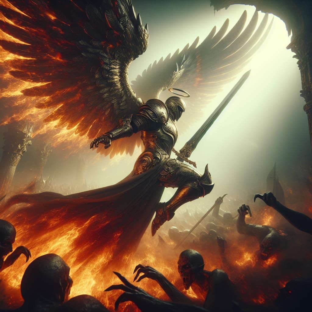 Armored Angel Descending to Battle Demons: Vintage Film Styl...