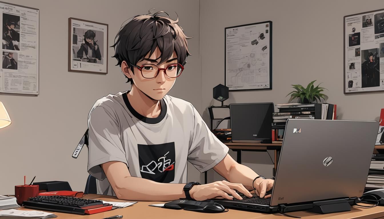Lofi Boy Studying on RGB Gaming Setup in Anime Style