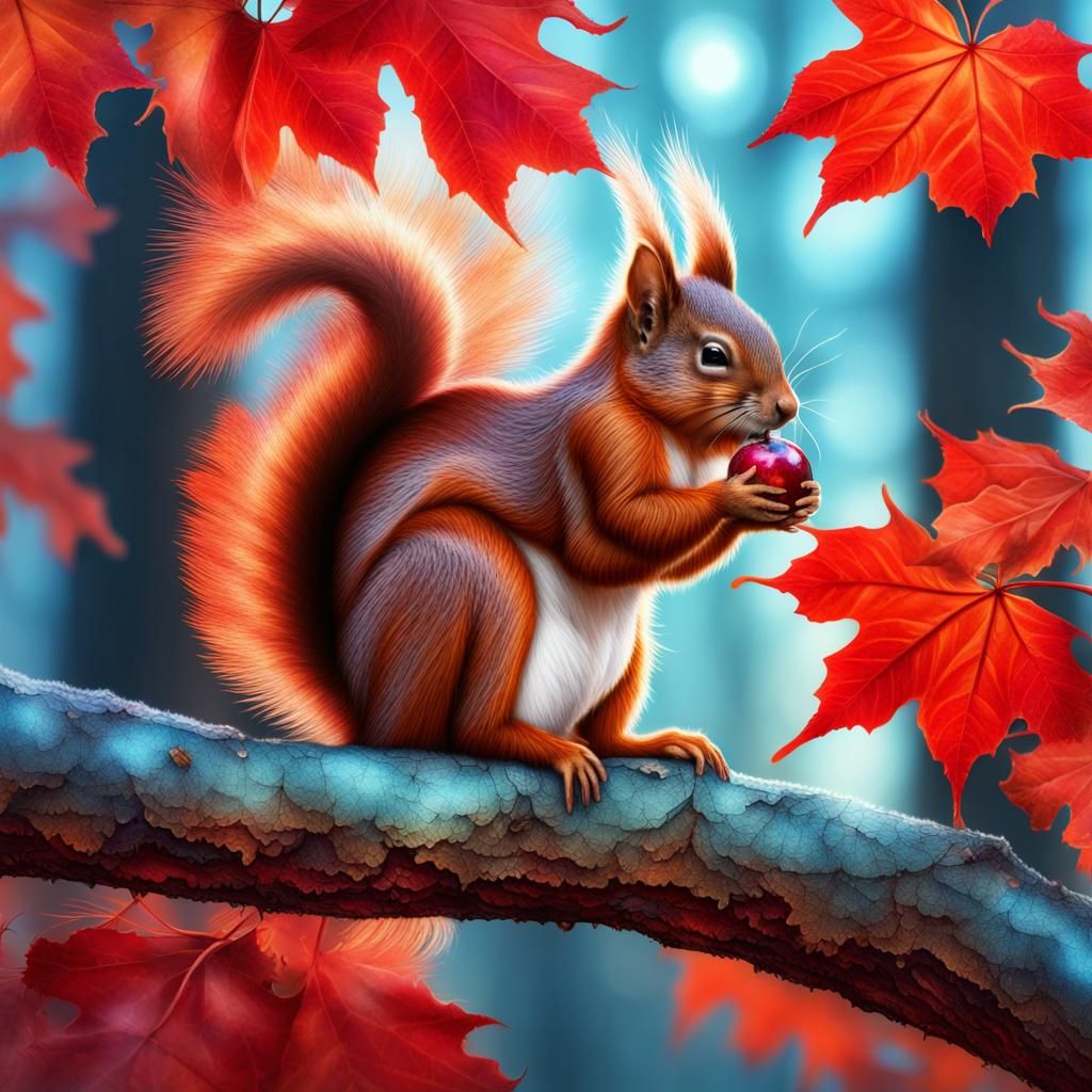 Red Squirrel with Acorn in Astral Forest