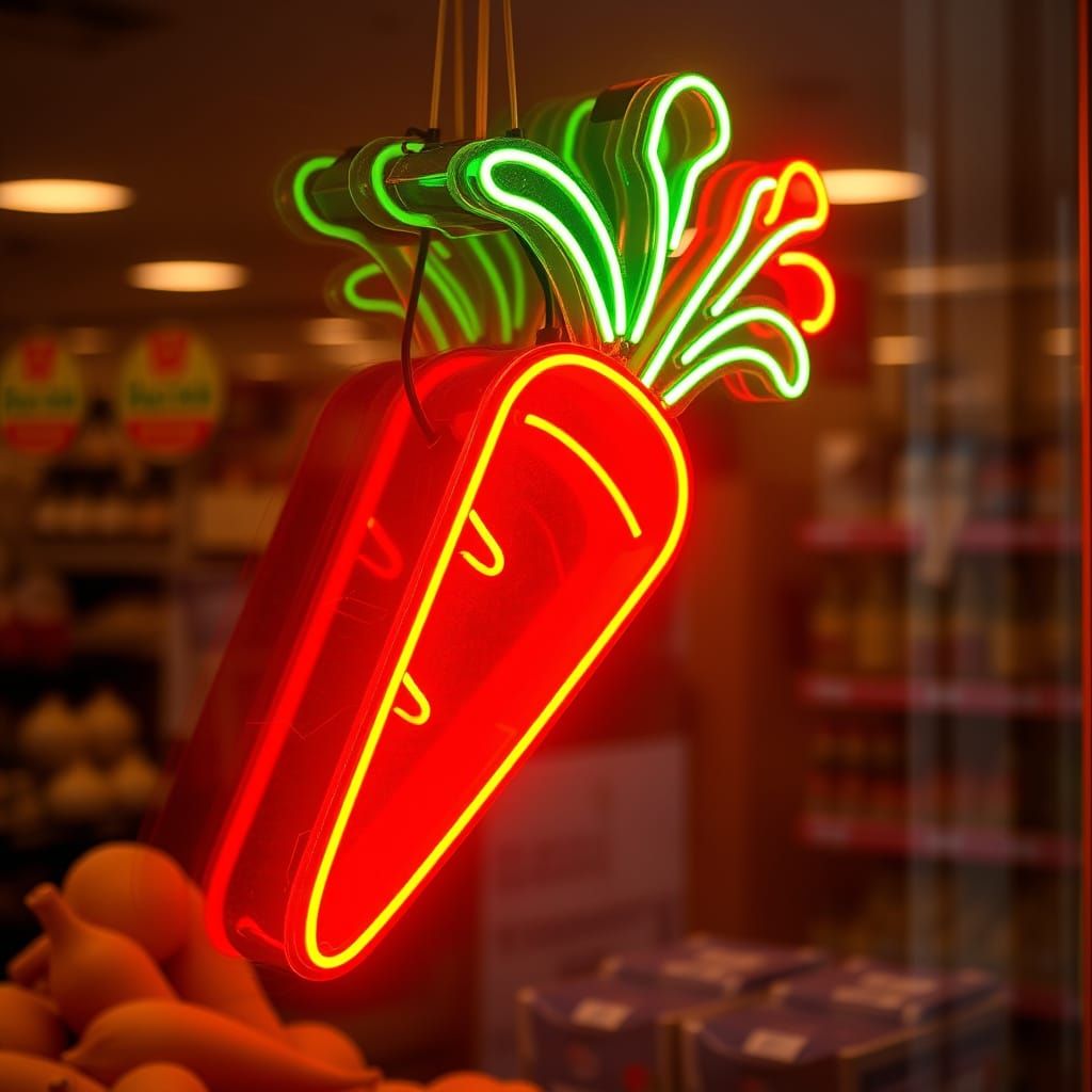 Neon Carrot Sign Illuminates Grocery Window