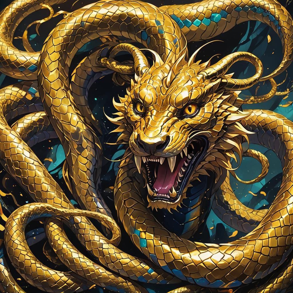 Golden Snake Confronts Three-Headed Dog in Anime Style