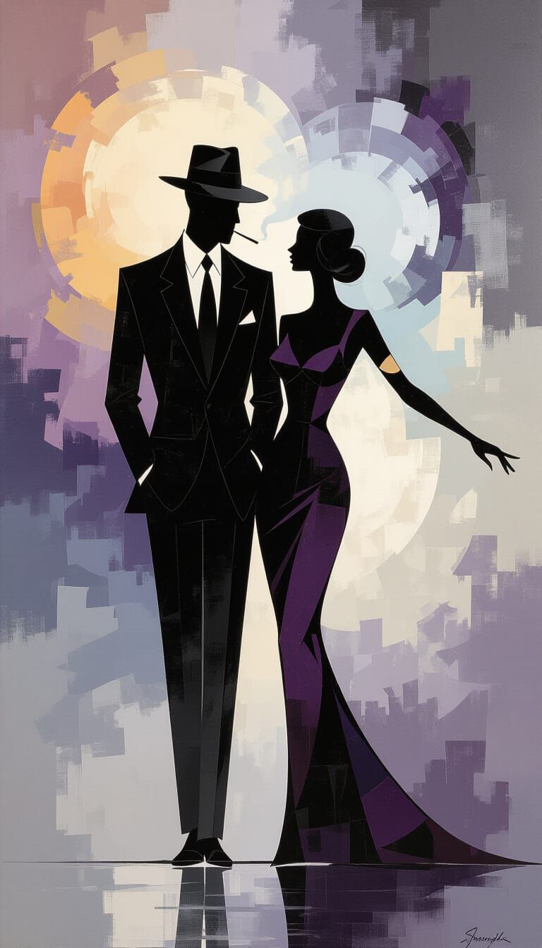Silhouetted Couple in Modern Impressionistic Style