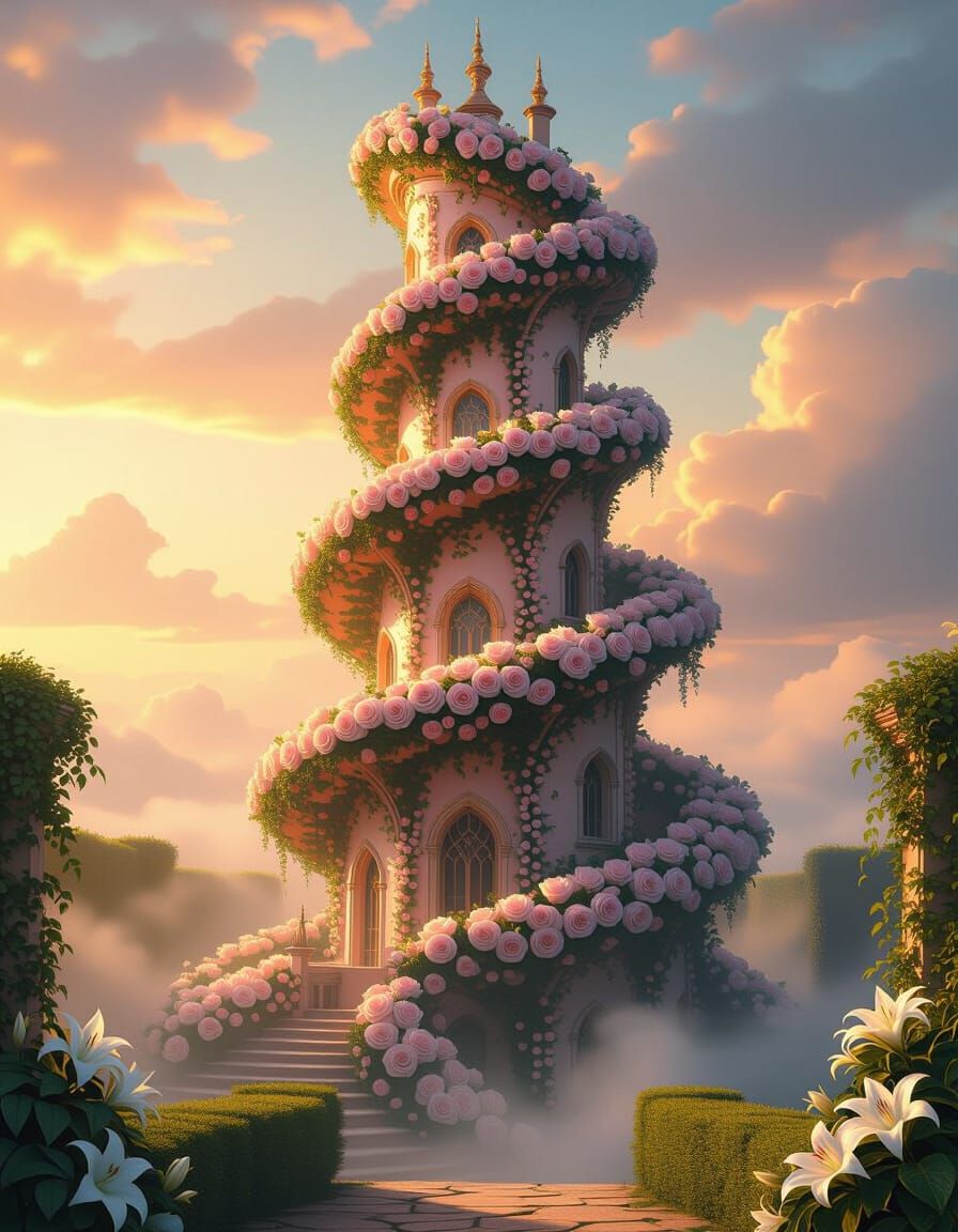 Spiral Rose Castle in Golden Sunrise Mist
