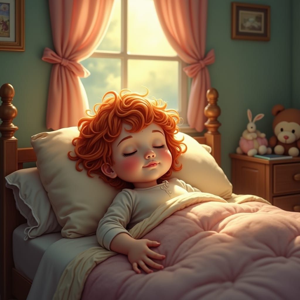 Red-Headed Child Awakened by Sunlight: Ethereal Fantasy