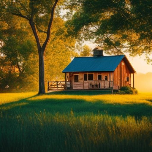 Majestic Farmhouse Sunset in Retro Art Style