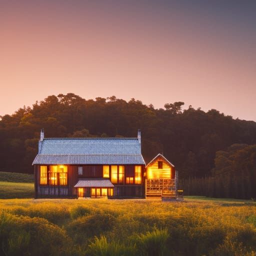 Whimsical Farmhouse at Sunset in Retro Style