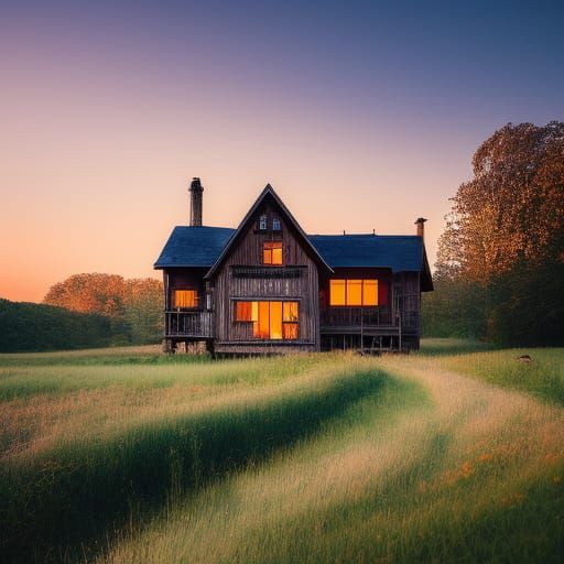 Fantasy Farmhouse at Sunset in Retro Art Style