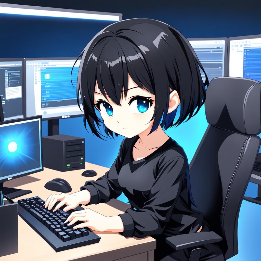 Chibi Girl at Computer in Anime Style