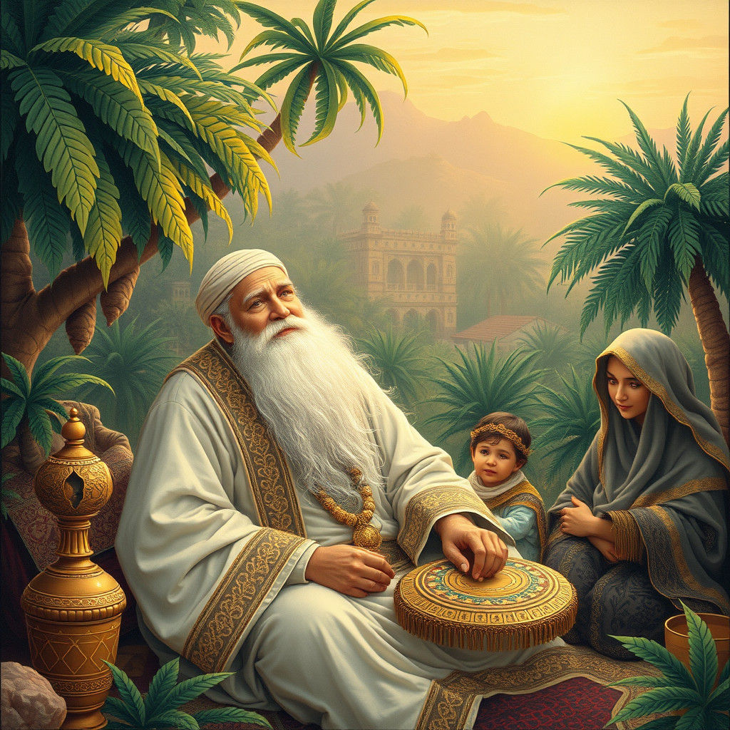 Prophet Ayyub in a Lush Oasis: Persian Miniature Style