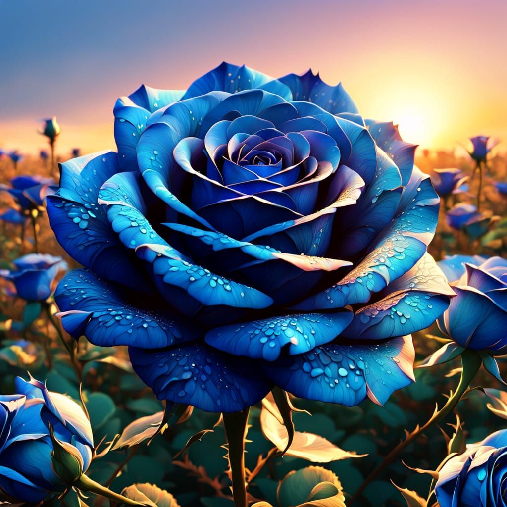 peinture de style fractal UN CHAMP DE ROSE BLEU 3D LUMINEUX AU SOLEIL COUCHANT BELLE COULEURS Hyperrealistic, splash art...